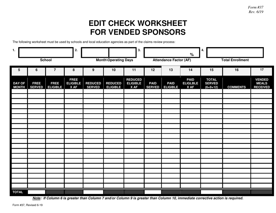 Form 37 Edit Check Worksheet for Vended Sponsors - New Jersey, Page 1