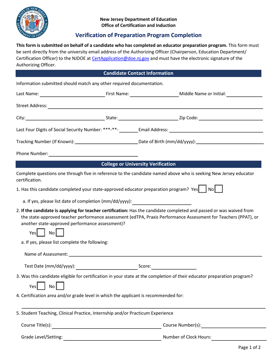 New Jersey Verification of Preparation Program Completion Fill Out