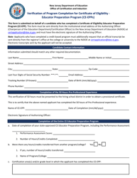 Verification of Program Completion for Certificate of Eligibility - Educator Preparation Program (Ce-Epps) - New Jersey