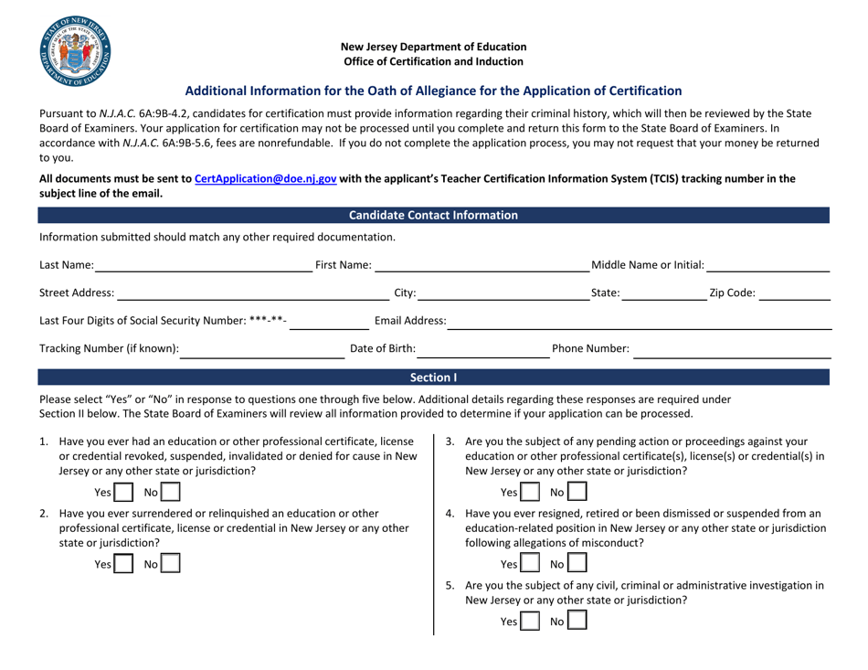 Additional Information for the Oath of Allegiance for the Application of Certification - New Jersey, Page 1