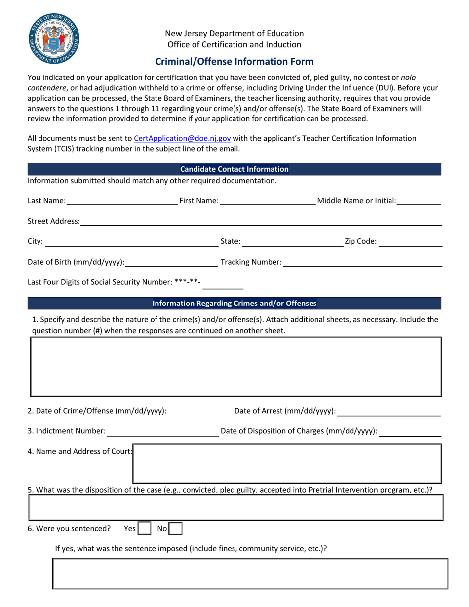 Criminal / Offense Information Form - New Jersey, Page 1