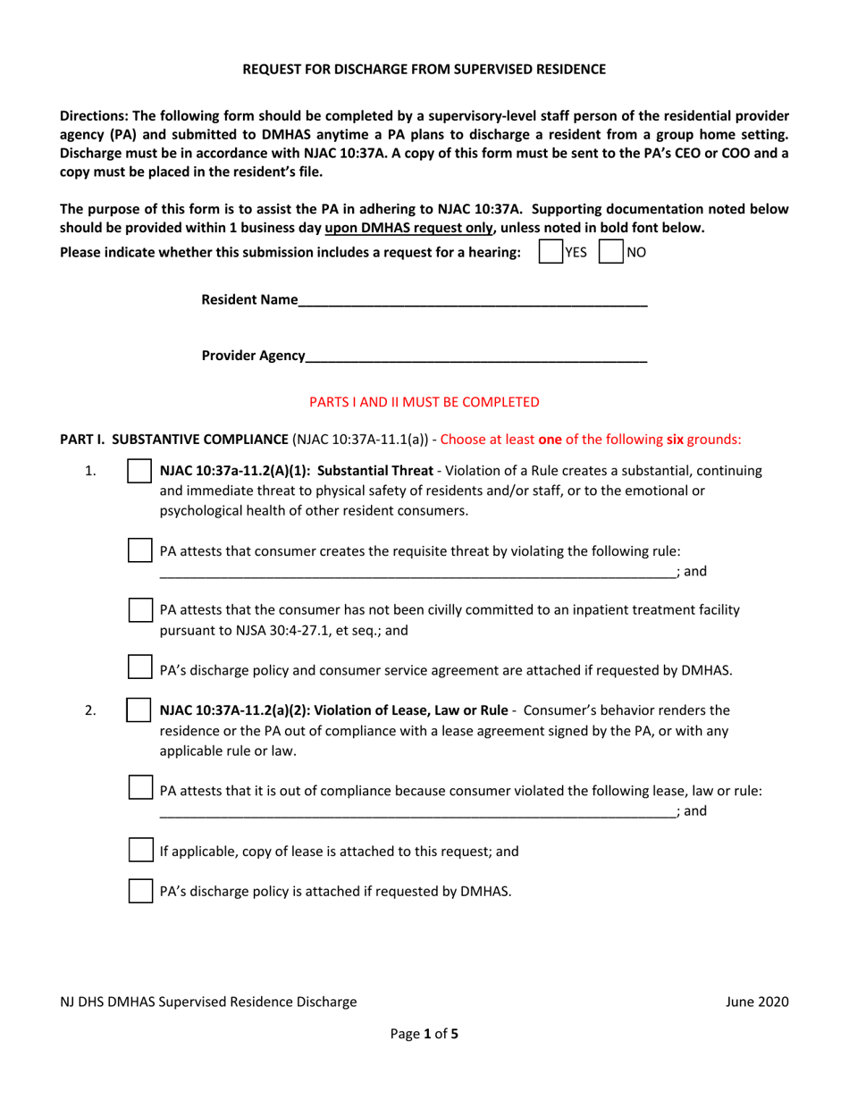 Request for Discharge From Supervised Residence - New Jersey, Page 1