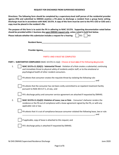 Request for Discharge From Supervised Residence - New Jersey