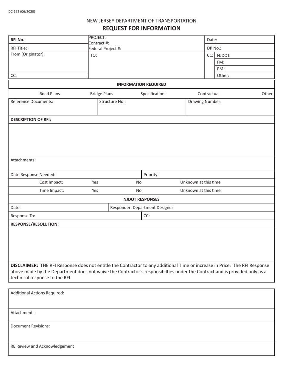 Form DC-162 Request for Information - New Jersey, Page 1
