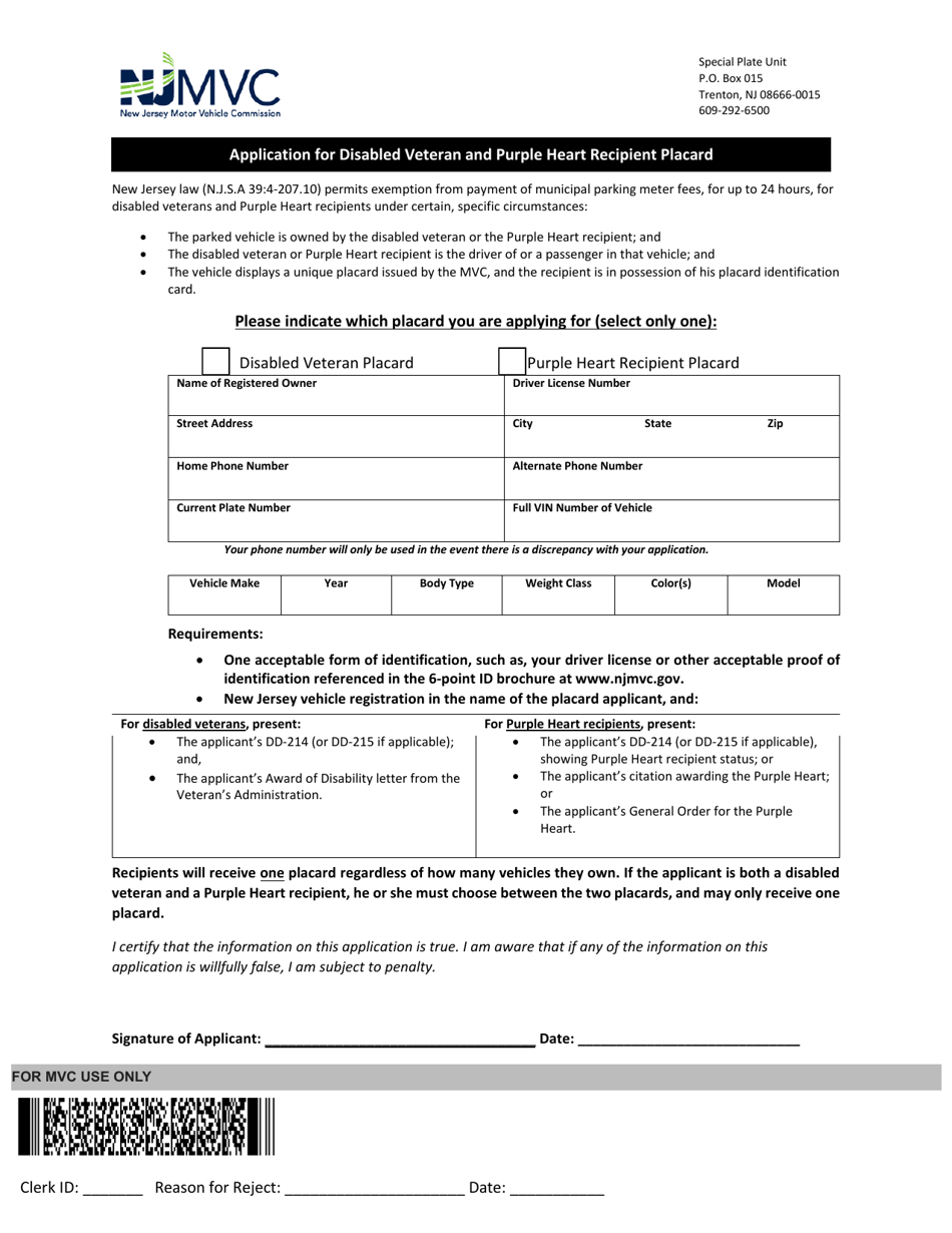 Form SP-47 Application for Disabled Veteran and Purple Heart Recipient Placard - New Jersey, Page 1