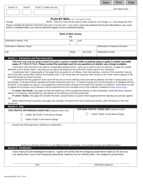 Form 10715 Municipal Plea by Mail - New Jersey