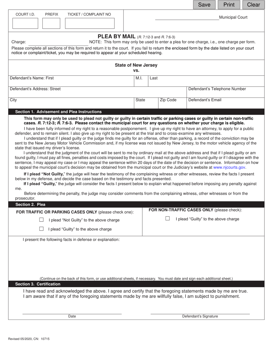 Form 10715 Municipal Plea by Mail - New Jersey, Page 1