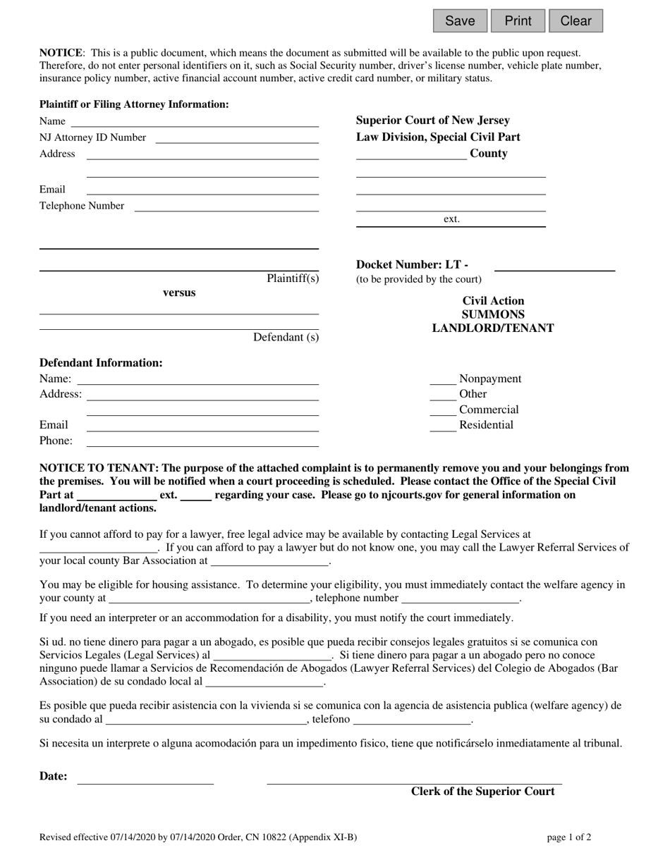Form 10822 Appendix XI-B Tenancy Summons and Return of Service - New Jersey, Page 1