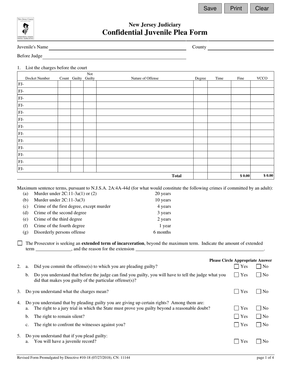 Form 11144 Confidential Juvenile Plea Form - New Jersey, Page 1