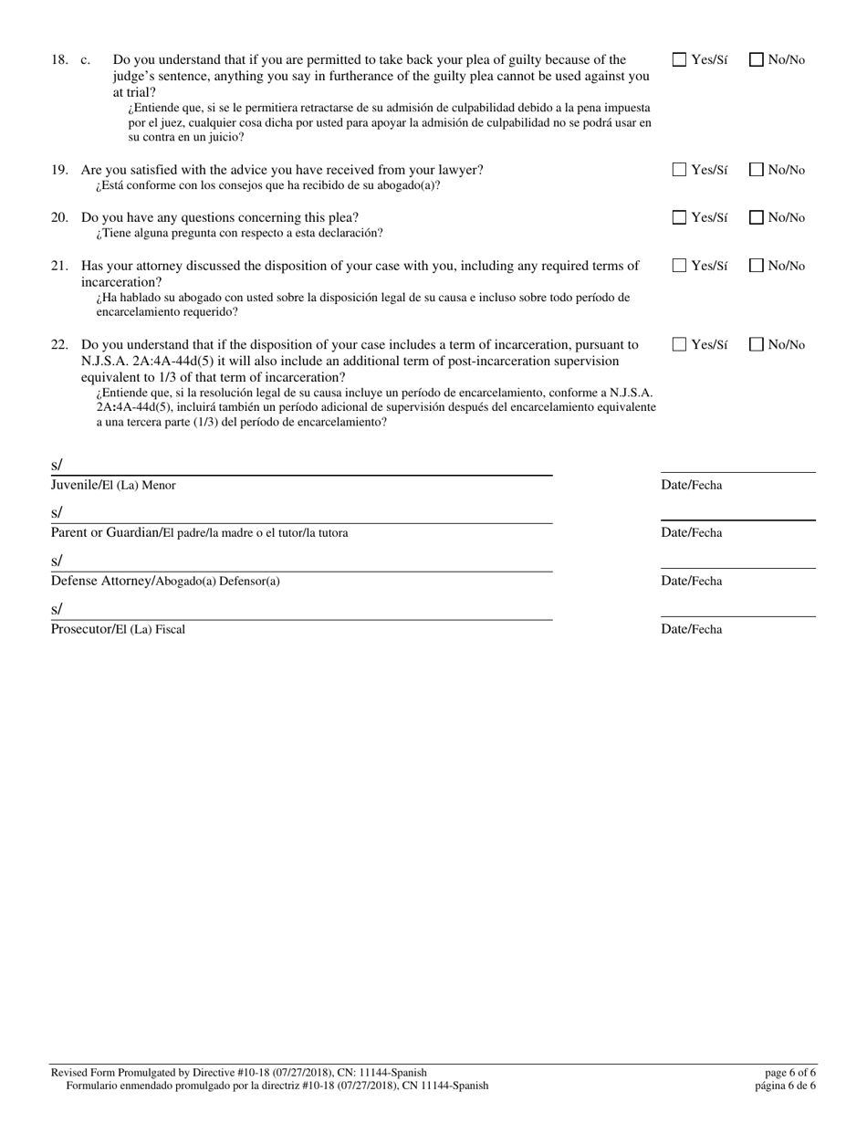 Form 11144 Confidential Juvenile Plea Form - New Jersey (English / Spanish), Page 6