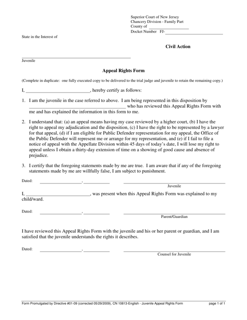 Form 10813A Juvenile Appeal Rights Form - New Jersey