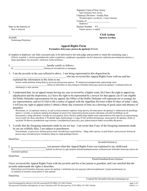 Form 10813A Juvenile Appeal Rights Form - New Jersey (English/Polish)