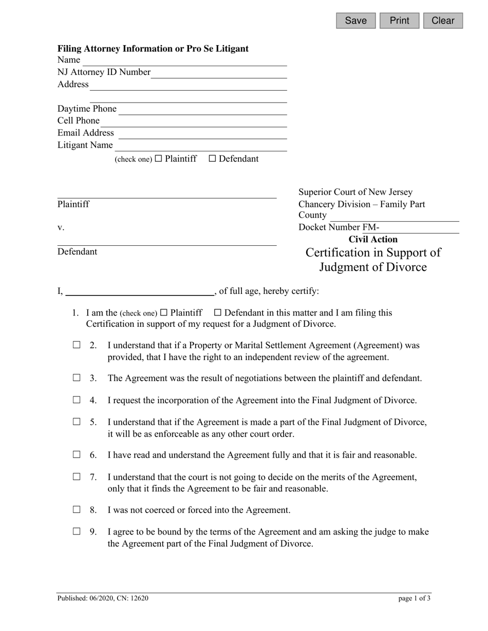Form 12620 Certification in Support of Judgment of Divorce - New Jersey, Page 1