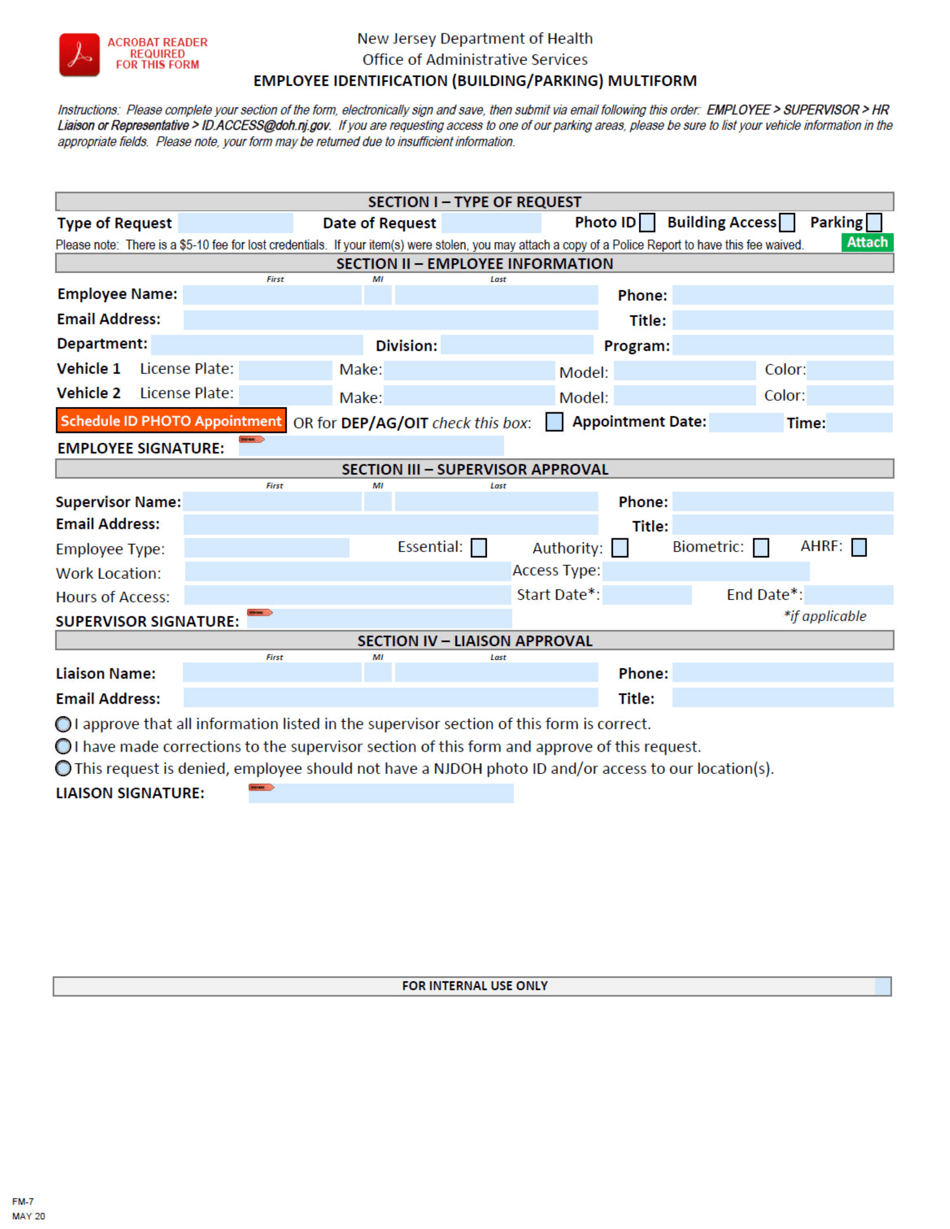 Form FM-7 Employee Identification (Building / Parking) Multiform - New Jersey, Page 1