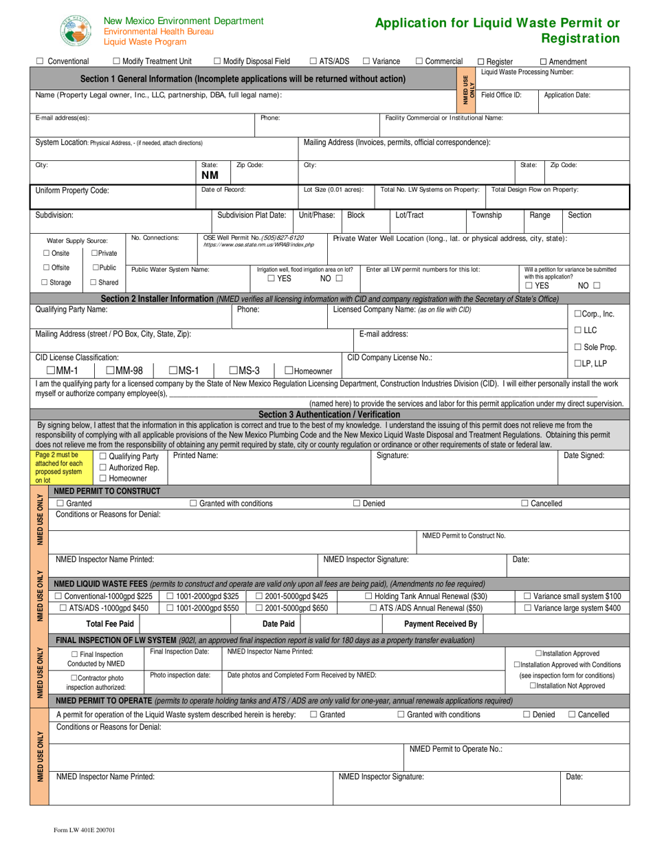 Form LW401E Application for Liquid Waste Permit or Registration - New Mexico, Page 1