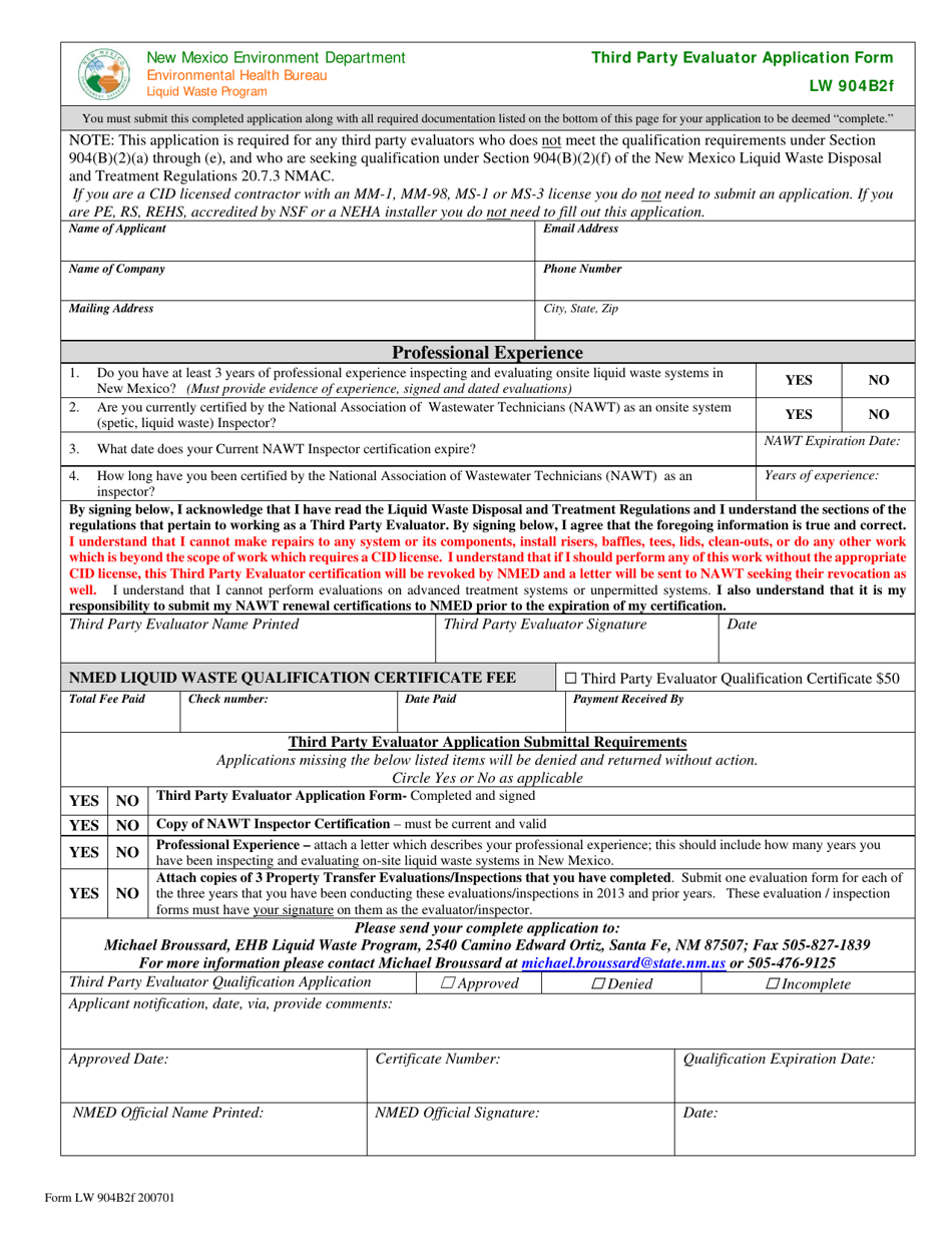 Form LW904B2F Third Party Evaluator Application Form - New Mexico, Page 1