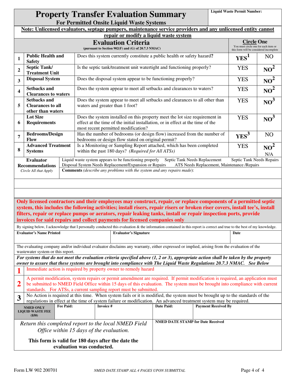 Form LW902 Property Transfer Evaluation Report for Permitted Onsite Liquid Waste Systems - New Mexico, Page 4