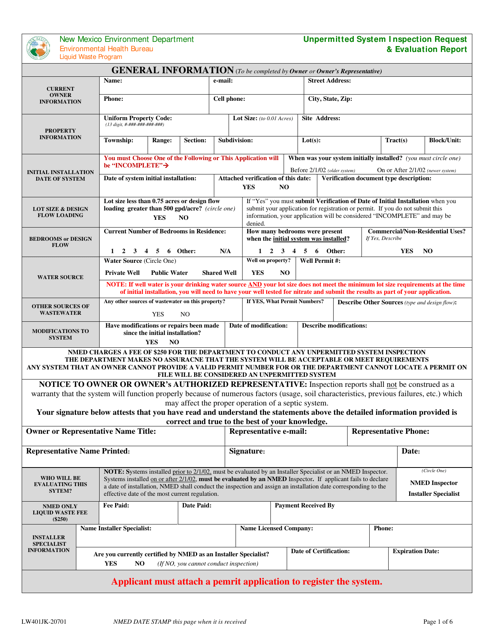 Form LW401JK Unpermitted System Inspection Request & Evaluation Report - New Mexico