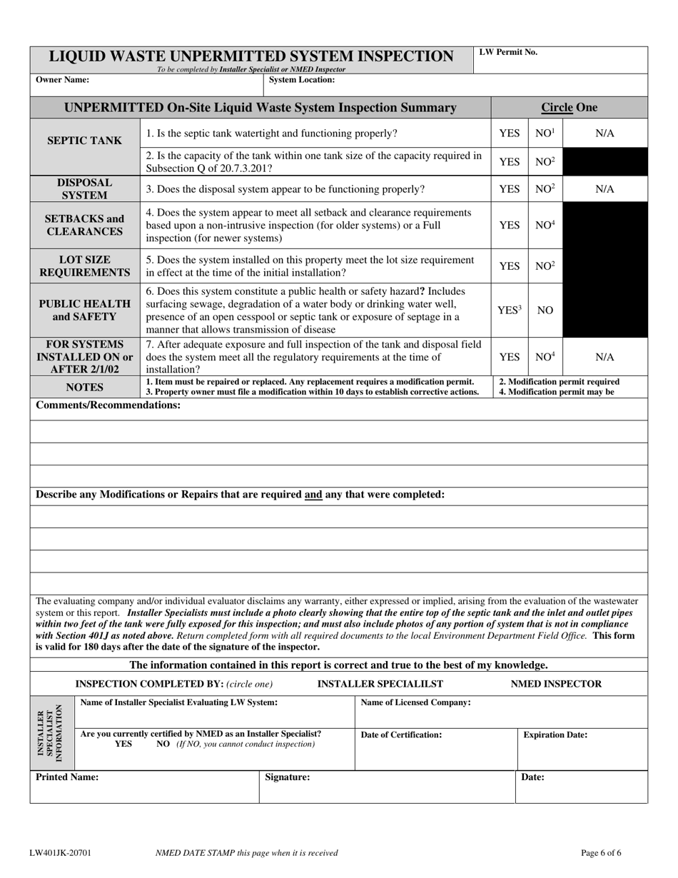 Form LW401JK Unpermitted System Inspection Request  Evaluation Report - New Mexico, Page 6