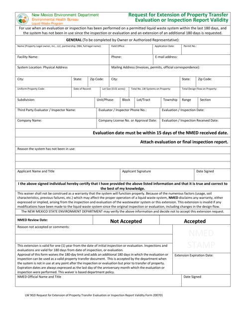 Form LW902I Request for Extension of Property Transfer Evaluation or Inspection Report Validity - New Mexico