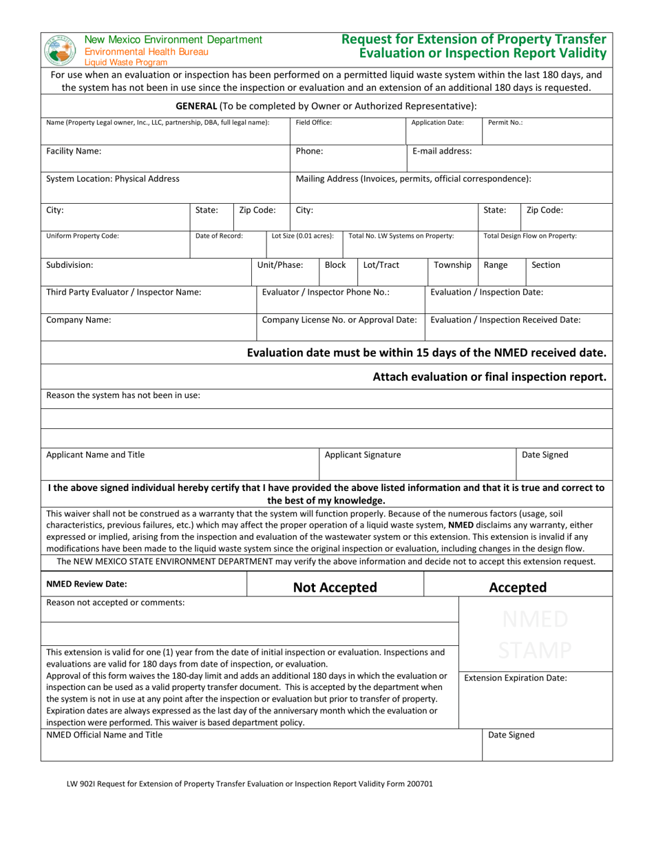 Form LW902I Request for Extension of Property Transfer Evaluation or Inspection Report Validity - New Mexico, Page 1