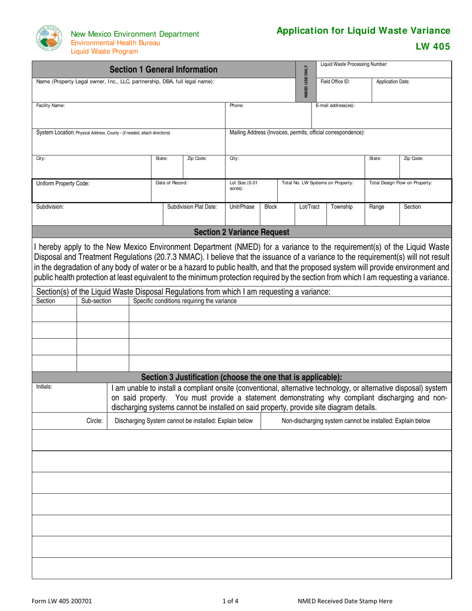 Form LW405 Application for Liquid Waste Variance - New Mexico, Page 1