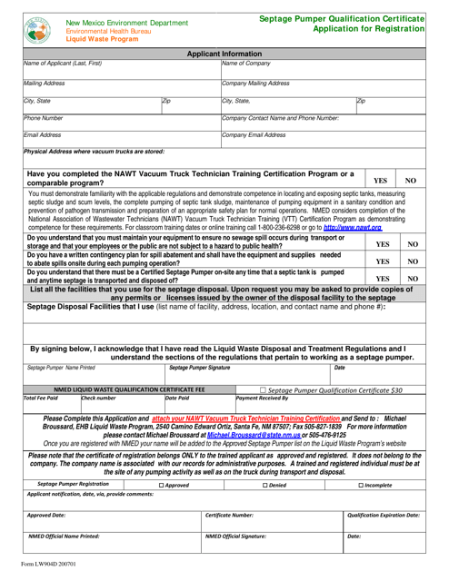 Form LW904D Septage Pumper Qualification Certificate Application for Registration - New Mexico