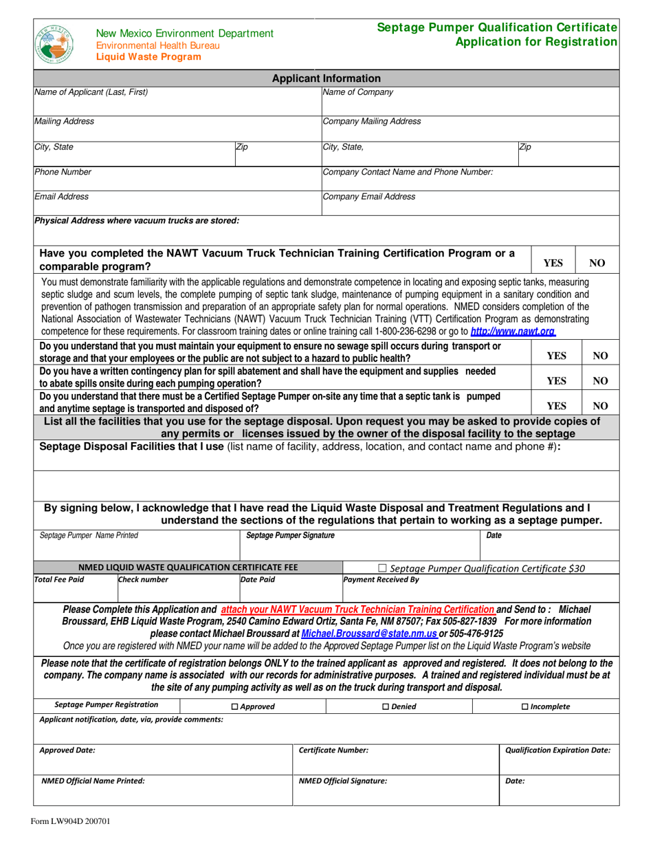 Form LW904D Septage Pumper Qualification Certificate Application for Registration - New Mexico, Page 1