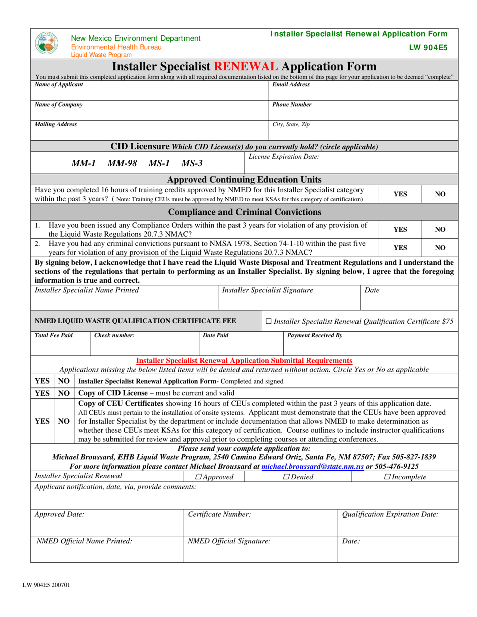 Form LW904E5 Installer Specialist Renewal Application Form - New Mexico, Page 1