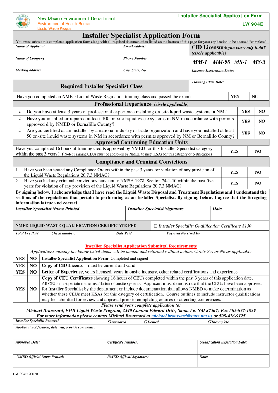 Form LW904E Installer Specialist Application Form - New Mexico, Page 1