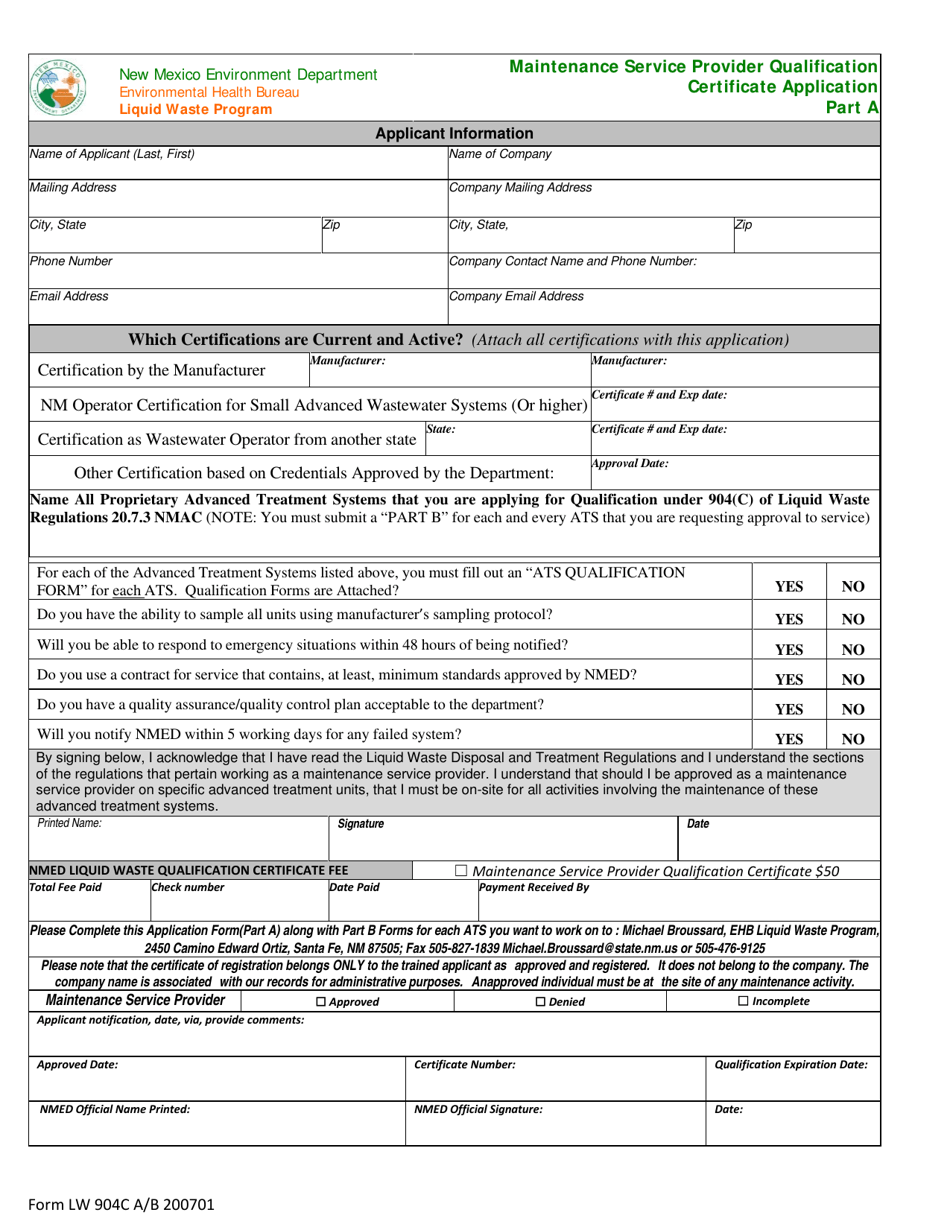 Form LW904C Maintenance Service Provider Qualification Certificate Application - New Mexico, Page 1