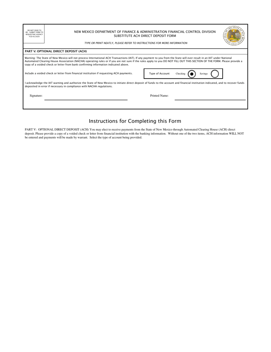 Substitute ACH Direct Deposit Form - New Mexico, Page 1