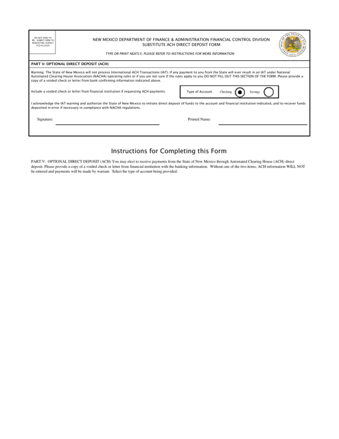 Substitute ACH Direct Deposit Form - New Mexico Download Pdf