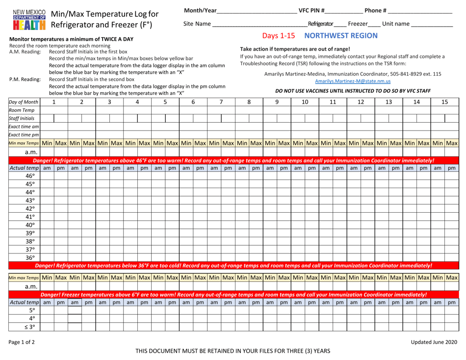 Min / Max Temperature Log for Refrigerator and Freezer - Northwest Region - New Mexico, Page 1