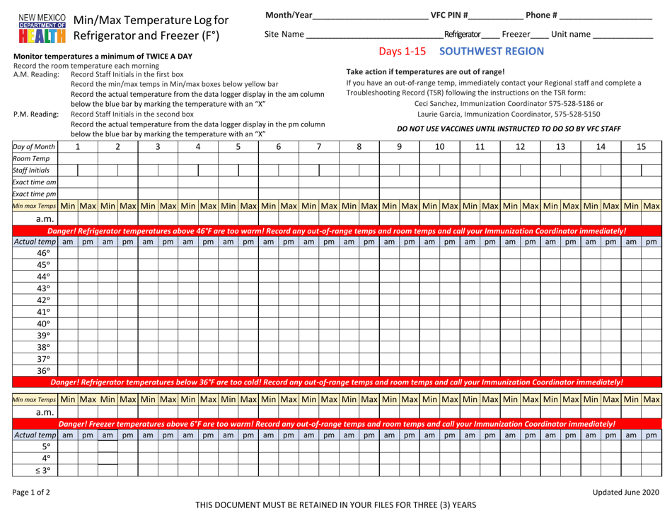 New Mexico Min/Max Temperature Log for Refrigerator and Freezer