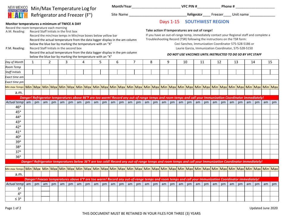 Min / Max Temperature Log for Refrigerator and Freezer - Southwest Region - New Mexico, Page 1