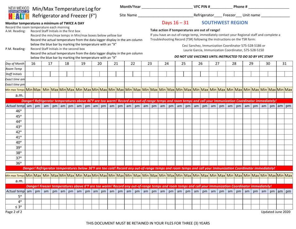 Min / Max Temperature Log for Refrigerator and Freezer - Southwest Region - New Mexico, Page 2
