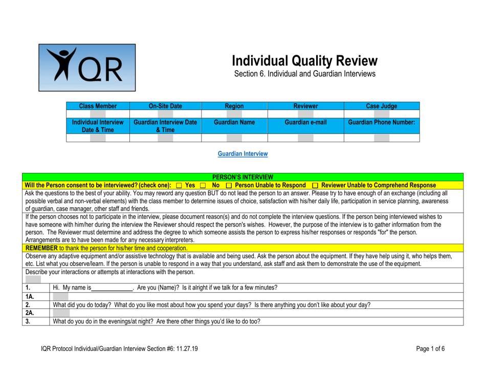 Section 6 Individual Quality Review: Individual and Guardian Interviews - New Mexico, Page 1