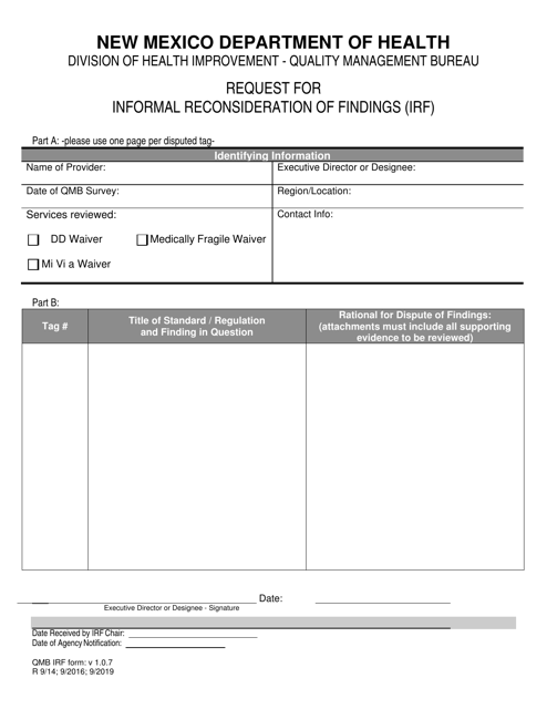 Request for Informal Reconsideration of Findings (Irf) - New Mexico Download Pdf