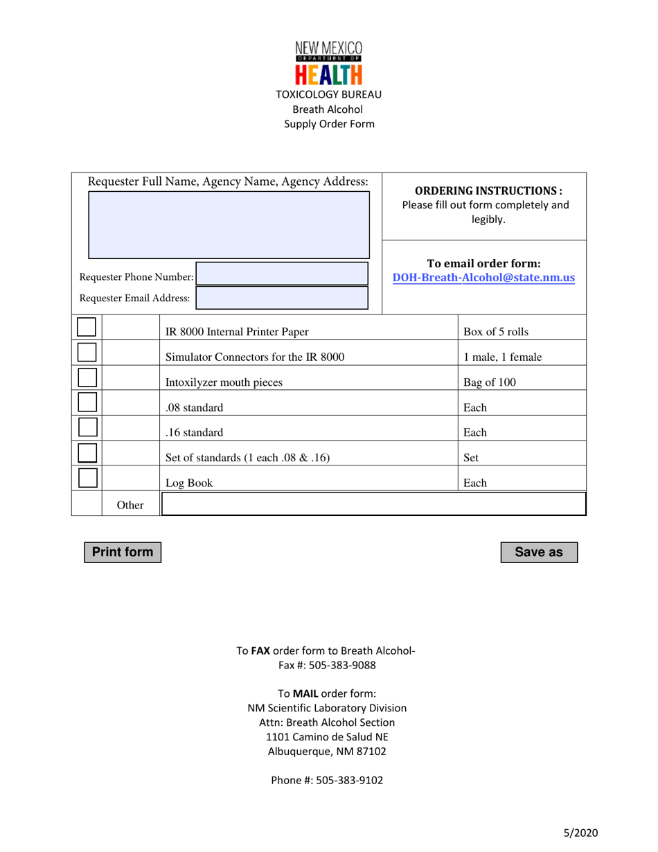 Breath Alcohol Supply Order Form - New Mexico, Page 1