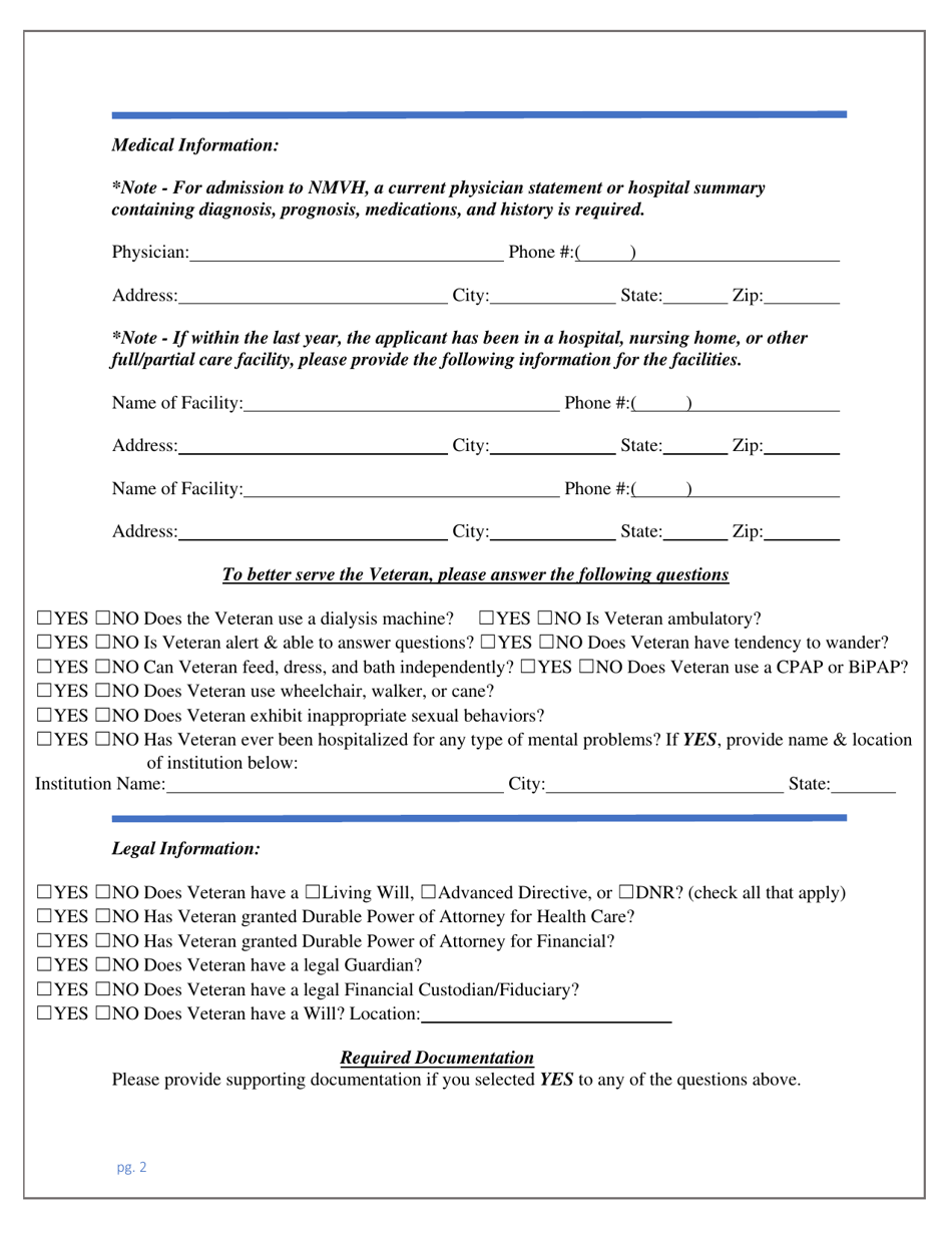 Application for Admission to the New Mexico State Veterans Home - New Mexico, Page 2