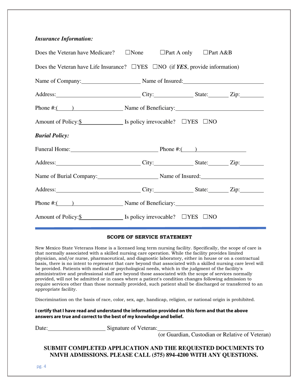 Application for Admission to the New Mexico State Veterans Home - New Mexico, Page 4