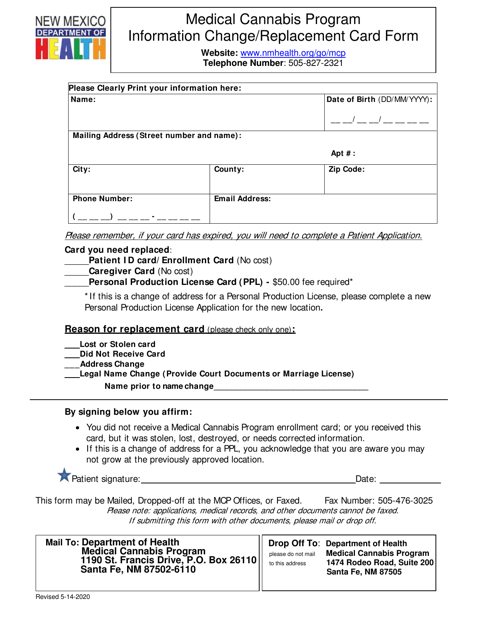 Medical Cannabis Program Information Change / Replacement Card Form - New Mexico Download Pdf