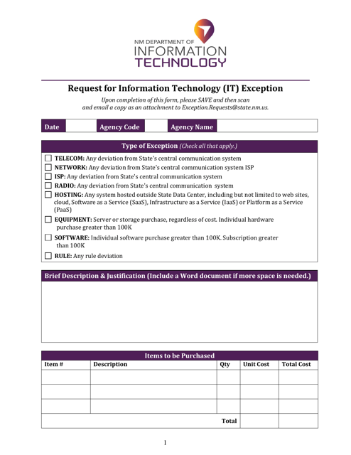 Request for Information Technology (It) Exception - New Mexico Download Pdf