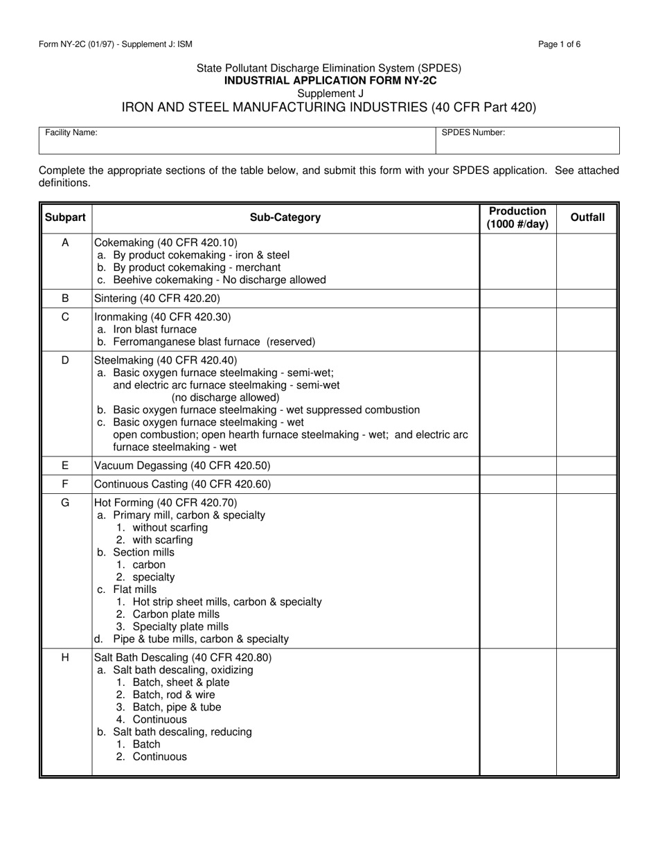 Form NY-2C Supplement J Application Supplement for Iron  Steel Manufacturing Industry - New York, Page 1