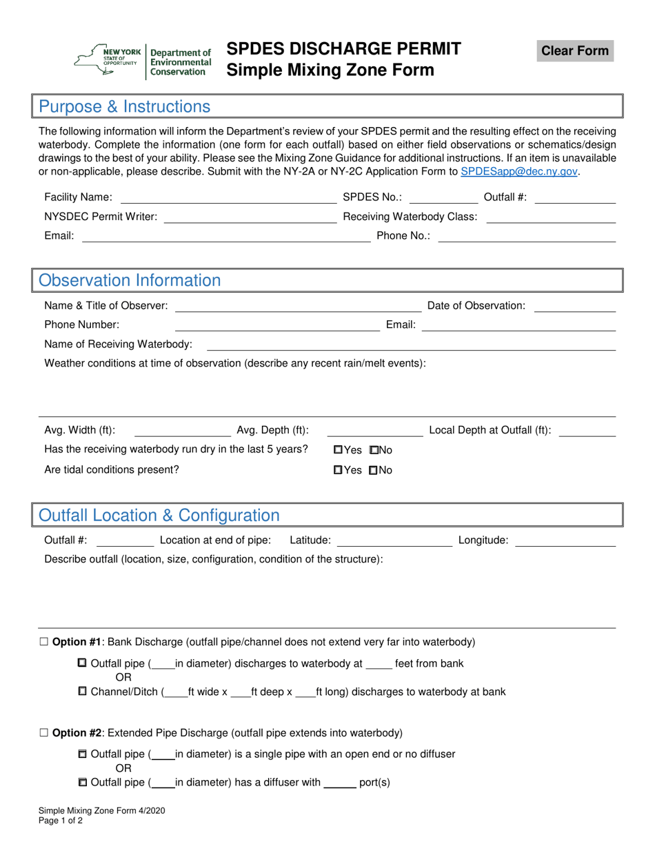 Spdes Discharge Permit Simple Mixing Zone Form - New York, Page 1
