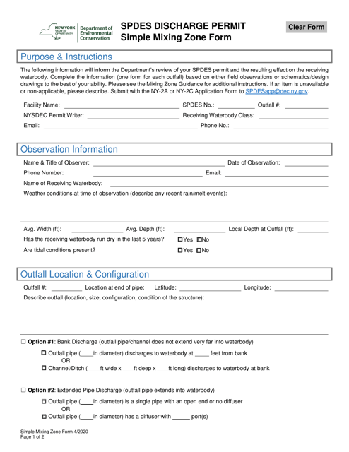 Spdes Discharge Permit Simple Mixing Zone Form - New York Download Pdf