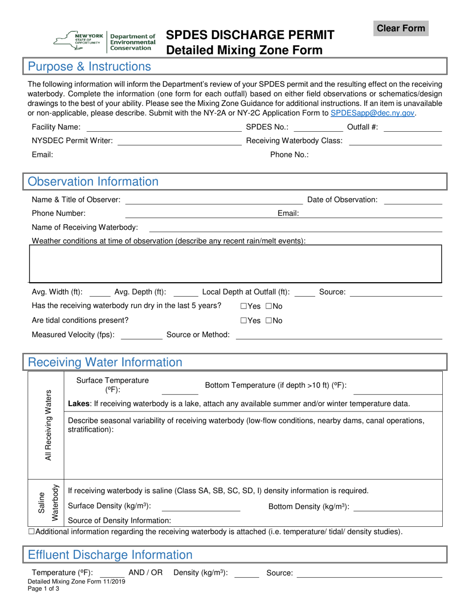 Spdes Discharge Permit Detailed Mixing Zone Form - New York, Page 1