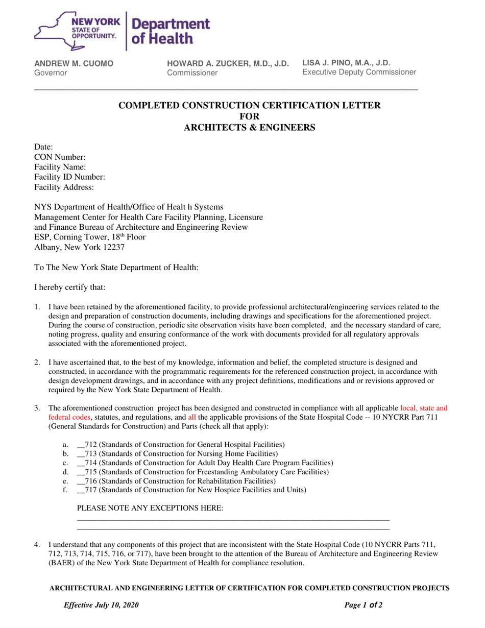 Completed Construction Certification Letter for Architects  Engineers - New York, Page 1