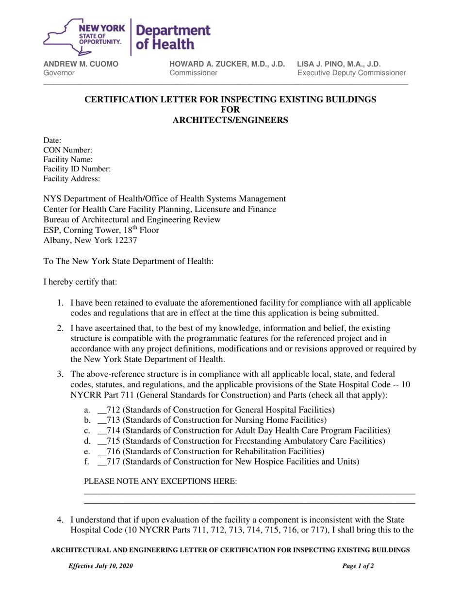 New York Certification Letter for Inspecting Existing Buildings for